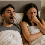 A couple in bed. The man has his mouth open. The woman is holding her nose because he has bad breath.