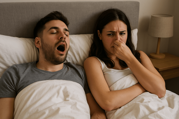 A couple in bed. The man has his mouth open. The woman is holding her nose because he has bad breath.