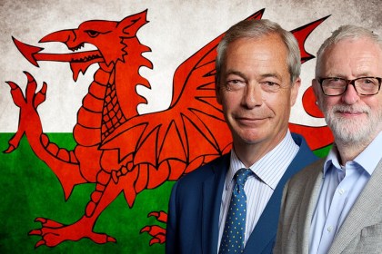 Nigel Farage and Jeremy Corbyn in front of a Welsh Flag
