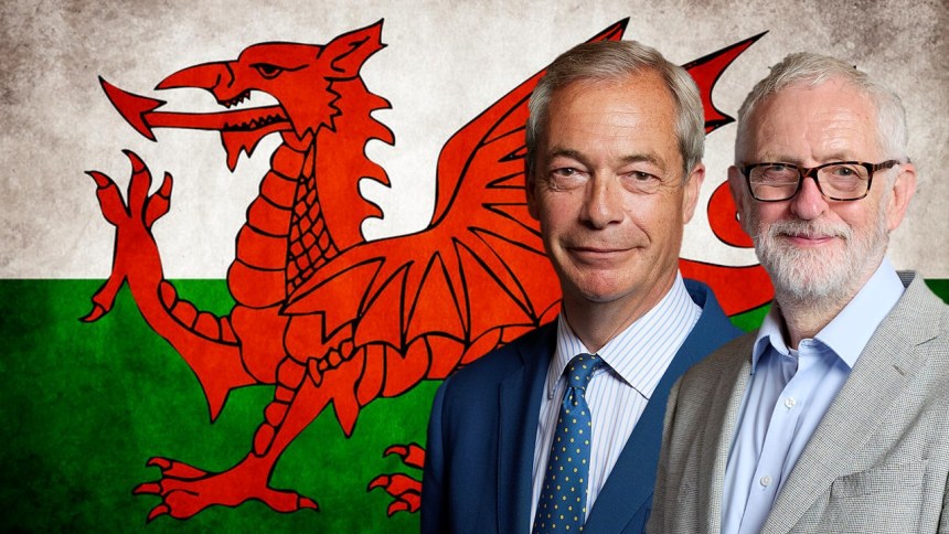 Nigel Farage and Jeremy Corbyn in front of a Welsh Flag