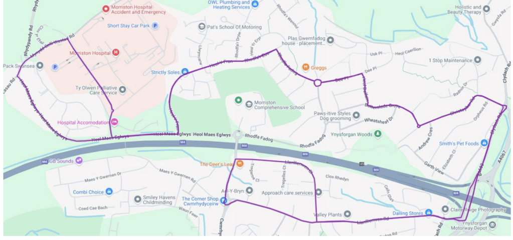 Map of the route of the temporary shuttle bus between Morriston Hospital and Deers Leap