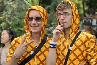 a couple in pineapple costumes