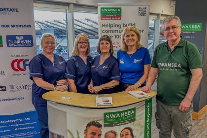 Swansea Building Society's Martin Lewis with Prostate Nurses at subsidised PSA blood testing day in Swansea.com stadium