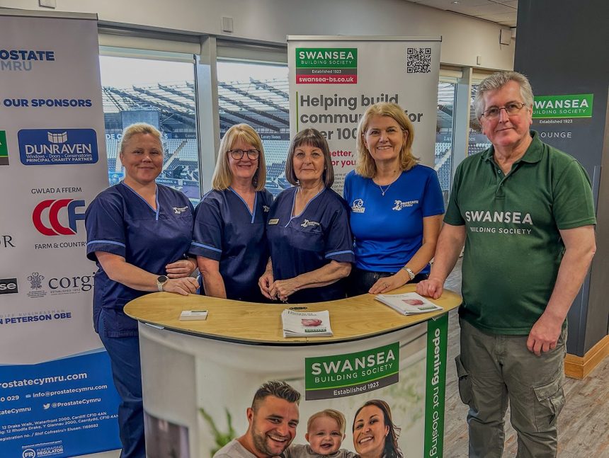Swansea Building Society's Martin Lewis with Prostate Nurses at subsidised PSA blood testing day in Swansea.com stadium