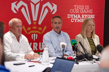 WRU chairman Richard Collier-Keywood, WRU director of rugby and elite performance Dave Reddin and WRU CEO Abi Tierney, WRU Chief Executive