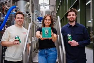 Brewgooder co-founders James Hughes and Alan Mahon with Taybeh Brewing Co General Manager, Madees Khoury
