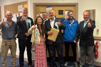 Reform win the Llangennech by-election and gain another seat on Carmarthenshire Council. Councillors Michelle Beer and newly elected Carmelo Colasanto pictured centre.