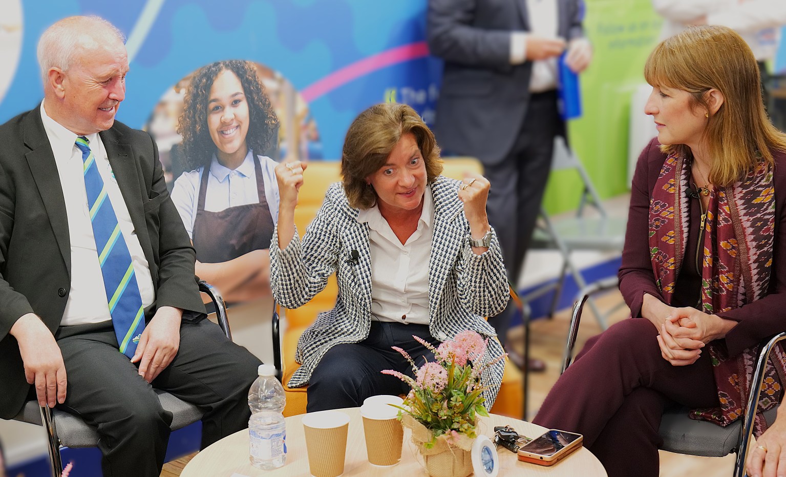 NPT Council Leader, Cllr Steve Hunt with First Minister Eluned Morgan (centre) and Chancellor Rachel Reeves at the Opportunity Hub in the Aberafan Shopping Centre (NPT Council).