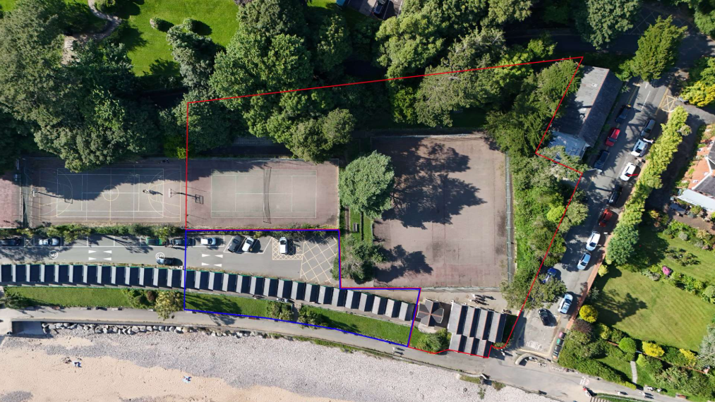 Langland Bay from the air, with the possible development site outlined in red.