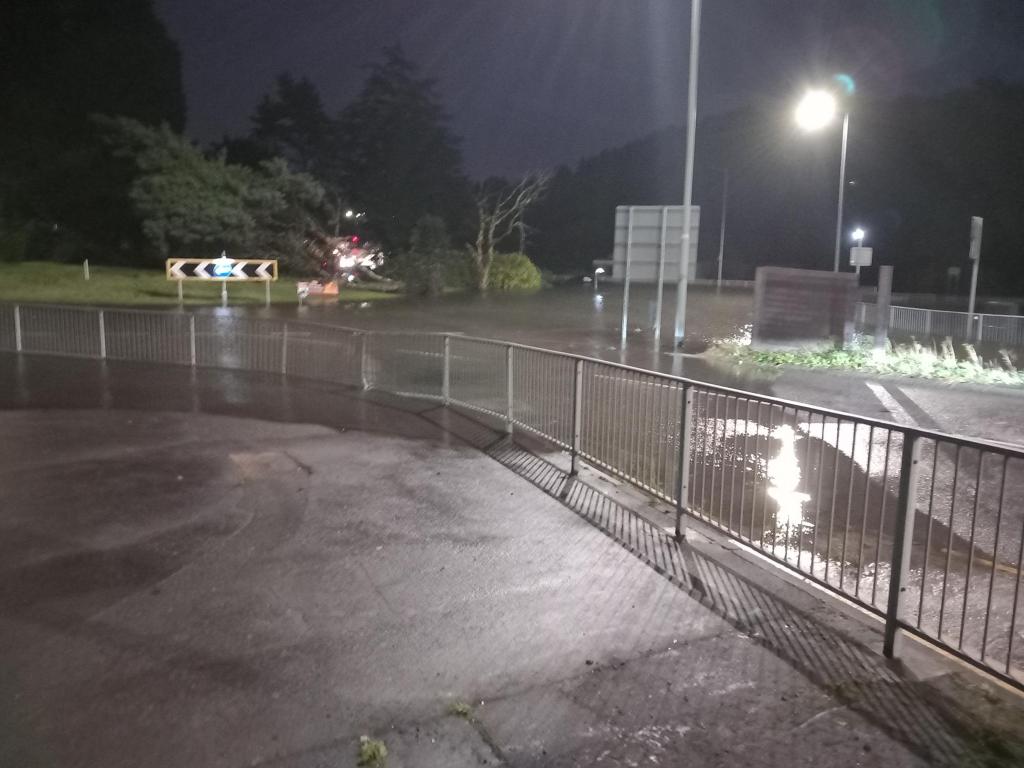 Cwmbwrla Roundabout was totally submerged by flood water