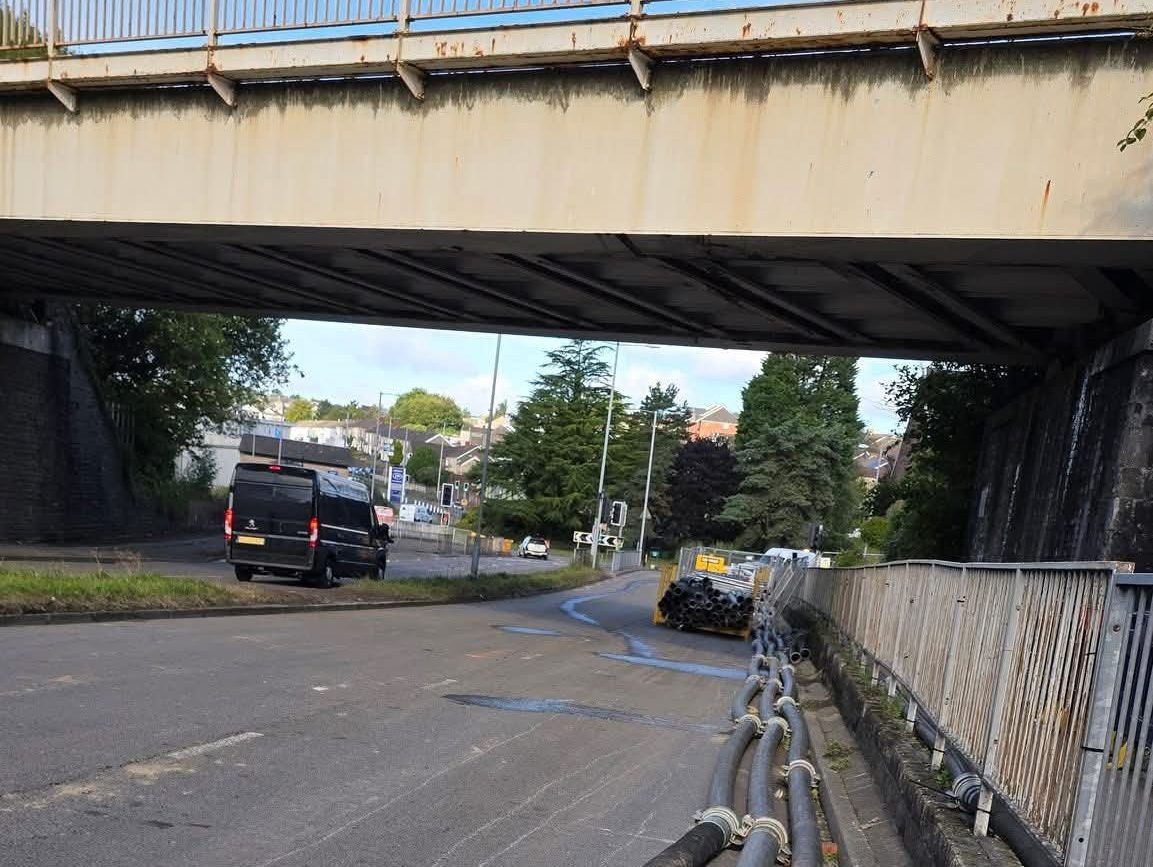 Pumps used to clear the flooded Cwmbwrla Roundabout