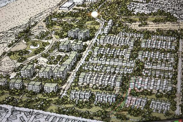 AI‑generated mock‑up of proposed housing at Porthcawl’s Salt Lake regeneration area. Bridgend Council says the image is not an official representation of its plans.