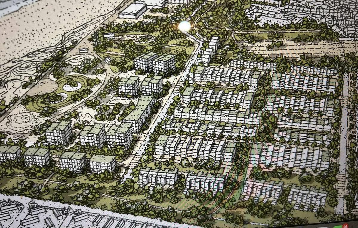 AI‑generated mock‑up of proposed housing at Porthcawl’s Salt Lake regeneration area. Bridgend Council says the image is not an official representation of its plans.