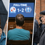 Photo montage showing three quintessentially British obsessions: a woman with an umbrella looking at the sky (the weather), a man watching football results in a pub, and people queuing outside a building. Created to illustrate a Swansea survey on British habits.