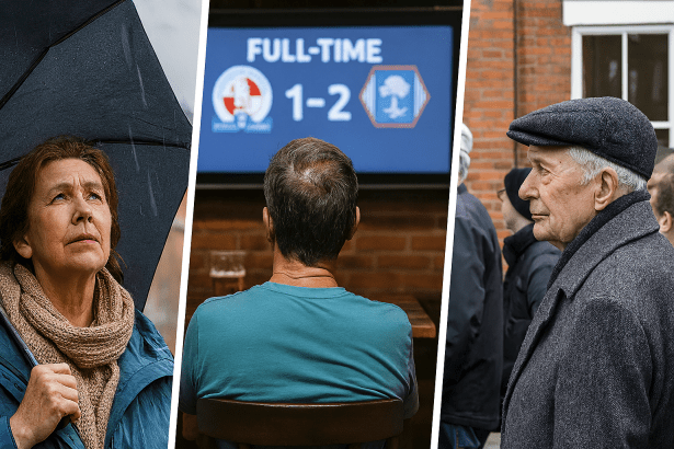 Photo montage showing three quintessentially British obsessions: a woman with an umbrella looking at the sky (the weather), a man watching football results in a pub, and people queuing outside a building. Created to illustrate a Swansea survey on British habits.