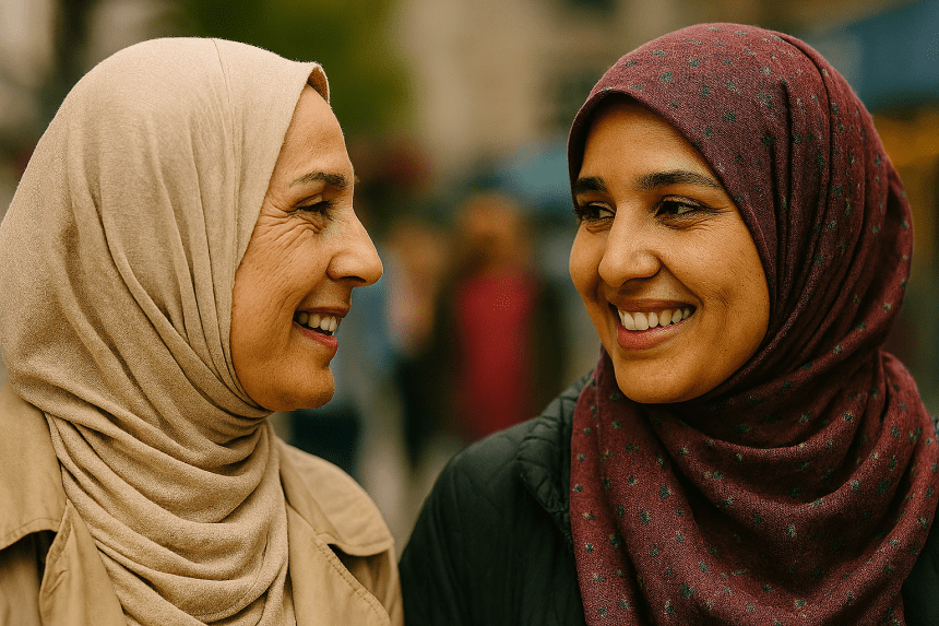 A close‑up of two women wearing hijabs smiling and talking in a public space, symbolising friendship and community.