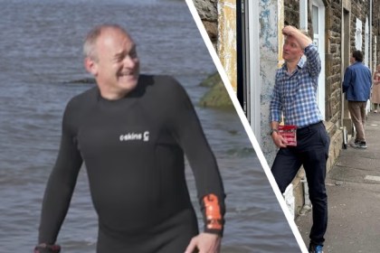 Composite photo showing Ed Davey in a wetsuit alongside Swansea West MP Torsten Bell canvassing on a doorstep.