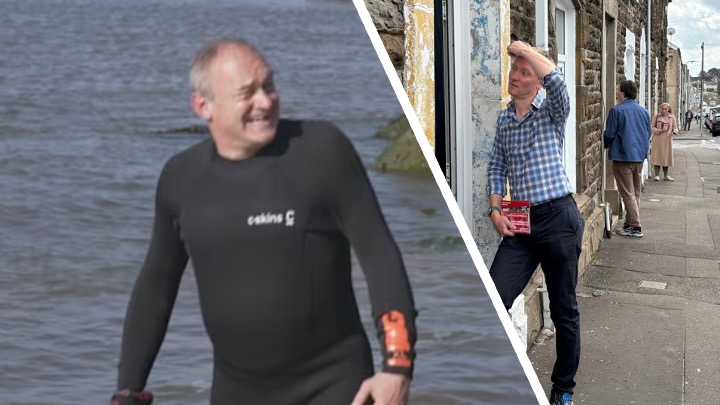 Composite photo showing Ed Davey in a wetsuit alongside Swansea West MP Torsten Bell canvassing on a doorstep.