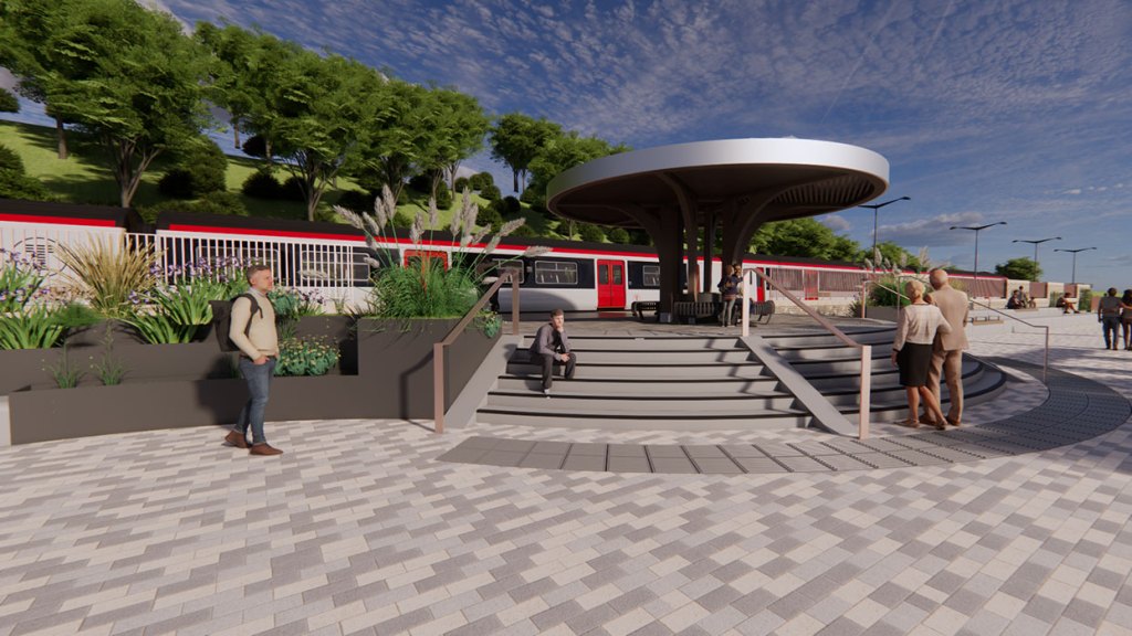 Artist’s impression of Milford Haven’s new transport interchange, with canopy seating, planting and improved access to the rail platform.