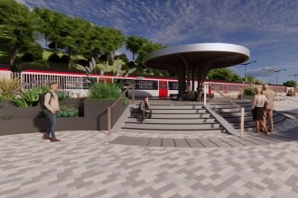 Artist’s impression of Milford Haven’s new transport interchange, with canopy seating, planting and improved access to the rail platform.