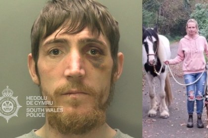 Composite image of Matthew Battenbough’s custody photo alongside a family photo of Leanne Williams with her horse and dog. Battenbough was jailed for her murder in Swansea in 2025.