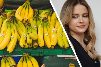 Composite image showing Swansea student and environmental campaigner Milena Tomaszewska next to bananas covered in plastic stickers, symbolising her UK Parliament petition to ban the single‑use labels and reduce plastic waste.