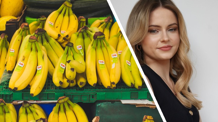 Composite image showing Swansea student and environmental campaigner Milena Tomaszewska next to bananas covered in plastic stickers, symbolising her UK Parliament petition to ban the single‑use labels and reduce plastic waste.