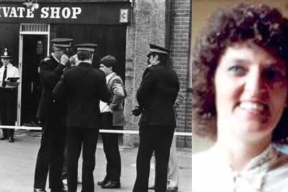 Composite image showing police officers outside the Private Shop in Swansea in 1985 alongside a portrait of Sandra Phillips, the victim of the unsolved murder.