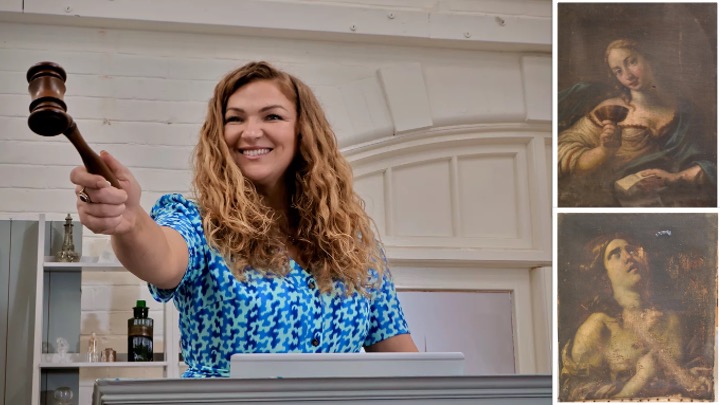Auctioneer Irita Marriott and the two discovered paintings
