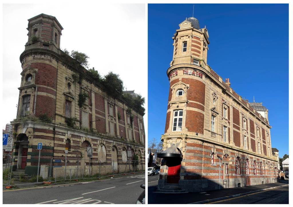 Side‑by‑side comparison of the Palace Theatre in Swansea showing the derelict façade before renovation and the restored exterior after refurbishment.