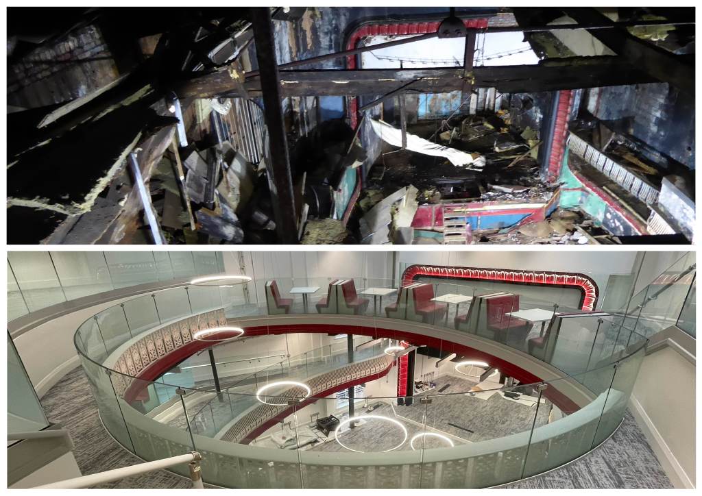 Comparison of the Palace Theatre’s interior before renovation, abandoned and decayed, and after restoration as a bright three‑storey atrium.
