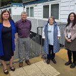 Plaid Cymru MS Sioned Williams pictured with school leaders and Cllr Rosalyn Davies at Godre’r Graig Primary School’s temporary site in Pontardawe, September 2025.