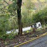 Fire crews and police at the scene of a milk tanker crash near Carmarthen after the vehicle slid down an embankment.