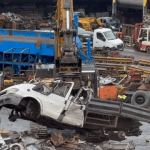 White transit pickup truck being crushed by industrial machinery at a scrapyard, with other vehicles and metal debris visible in the background