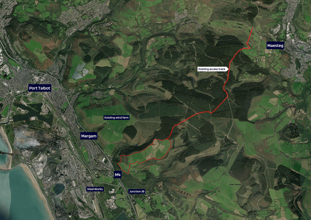 Location map of the proposed Port Talbot solar farm, highlighting its position on Margam Mountain, the neighbouring Mynydd Brombil Wind Farm, and the existing access route used for forestry and wind farm construction.