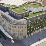 Visual rendering of the planned refurbishment of Swansea’s Grand Hotel, showing rooftop bar, new bedrooms and green design features.