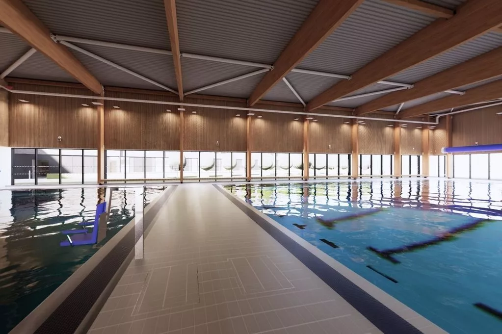 Interior view of Pentre Awel swimming pool with bright modern design.