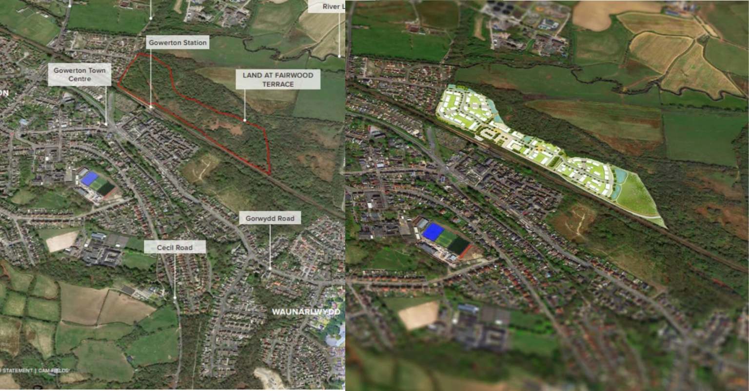 Map outlines Persimmon’s proposed 216‑home Fairwood Terrace development in Gowerton, now at appeal after council refusal over traffic concerns.