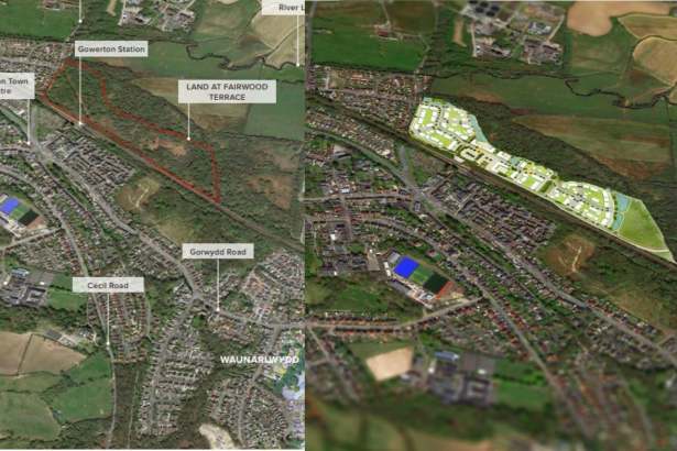 Map outlines Persimmon’s proposed 216‑home Fairwood Terrace development in Gowerton, now at appeal after council refusal over traffic concerns.