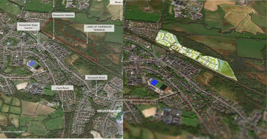 Map outlines Persimmon’s proposed 216‑home Fairwood Terrace development in Gowerton, now at appeal after council refusal over traffic concerns.