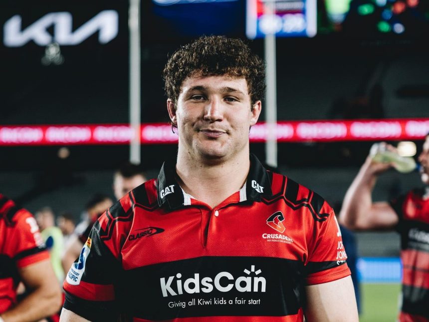 Fletcher Anderson, 22, photographed in Crusaders kit during a Super Rugby match. The powerful No. 8 has signed for Scarlets ahead of the 2025/26 United Rugby Championship and Champions Cup campaigns.