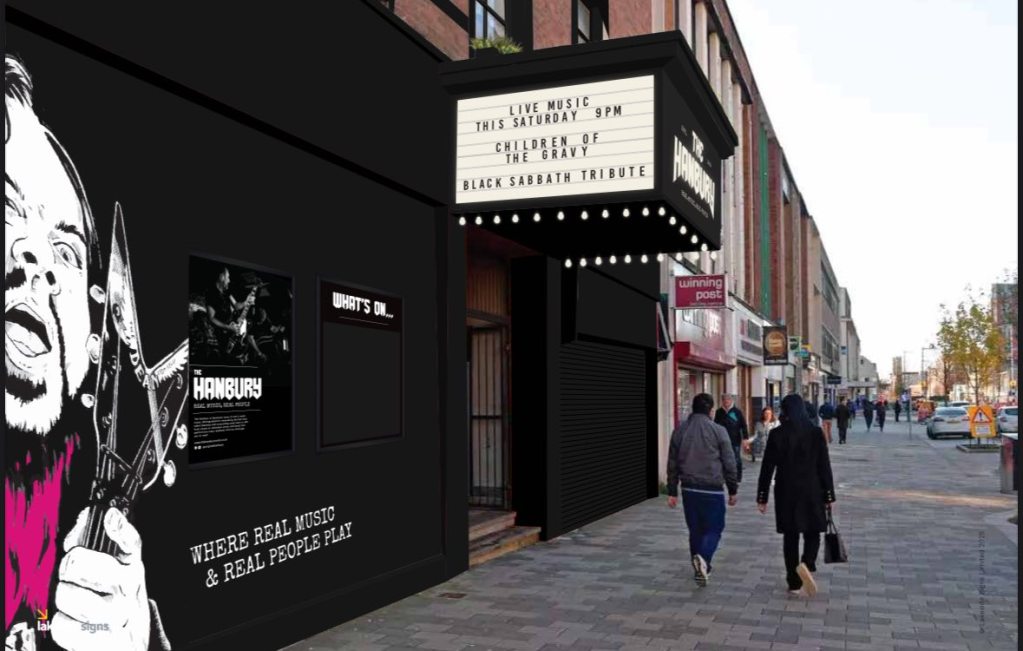 Artist’s impression of The Hanbury pub showing a classic marquee canopy with illuminated sides listing bands and events, set against a black exterior.