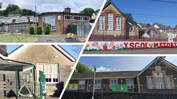 Montage showing Ysgol Llansteffan, Ysgol Meidrim, Ysgol Pontiets and Ysgol Y Fro, the four Carmarthenshire schools proposed for closure.