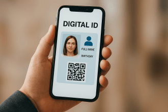 Mock‑up of a digital ID card displayed on a smartphone, illustrating the UK Government’s proposed scheme to tighten border checks and identity verification.