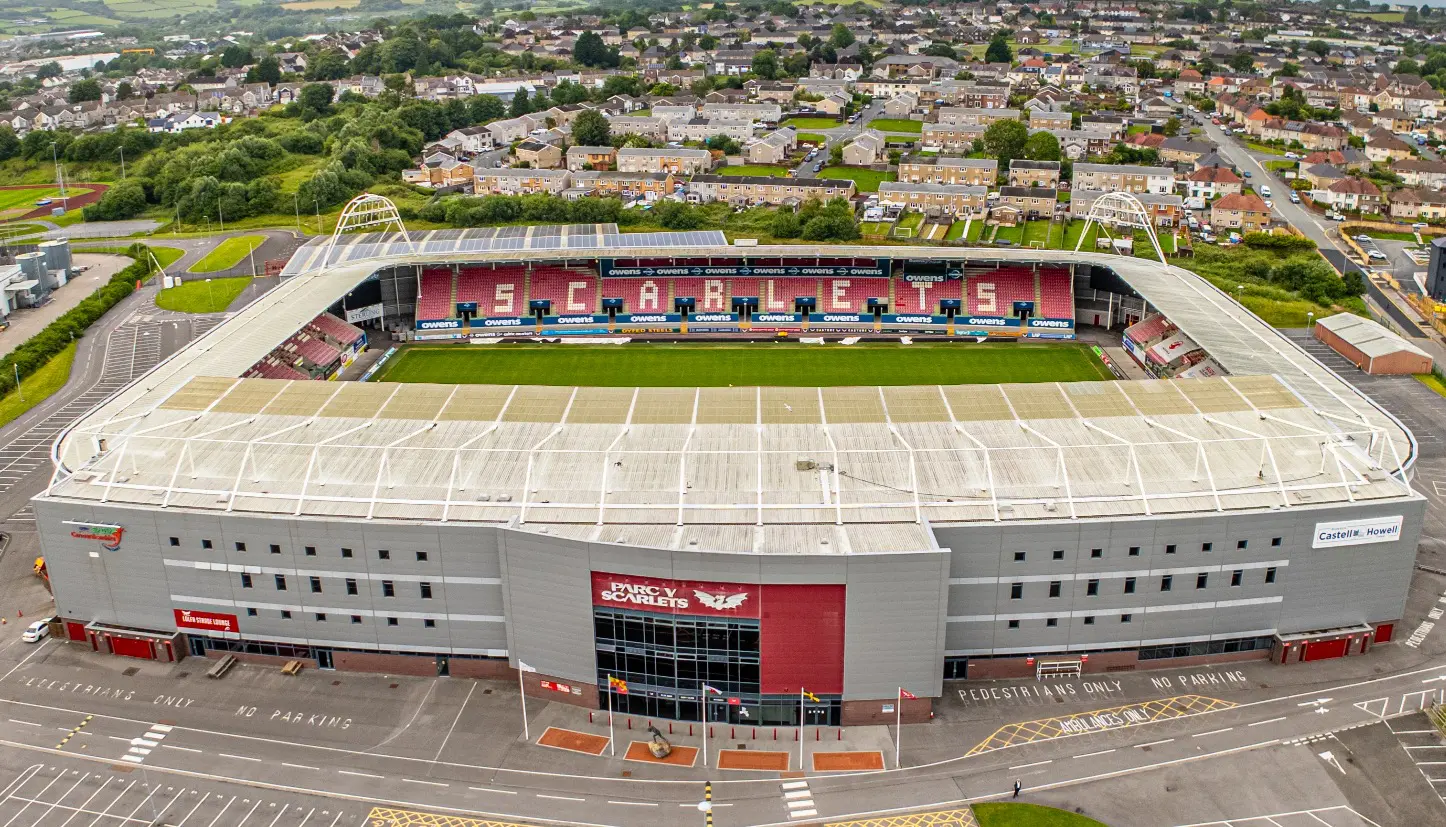 Aerial view of Parc y Scarlets stadium in Llanelli