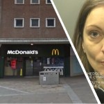 Mugshot of Leah Hocking alongside a street‑view image of McDonald’s in Swansea city centre, where she started a fire on a table.