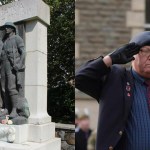 Montage image featuring Llanelli Cenotaph and RAF veteran Cllr Rob Evans in military uniform saluting.