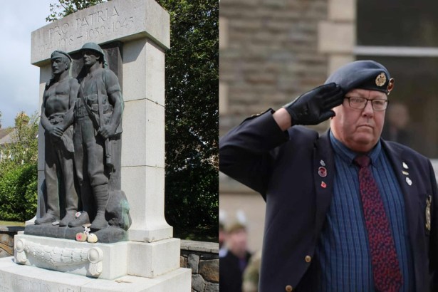 Montage image featuring Llanelli Cenotaph and RAF veteran Cllr Rob Evans in military uniform saluting.
