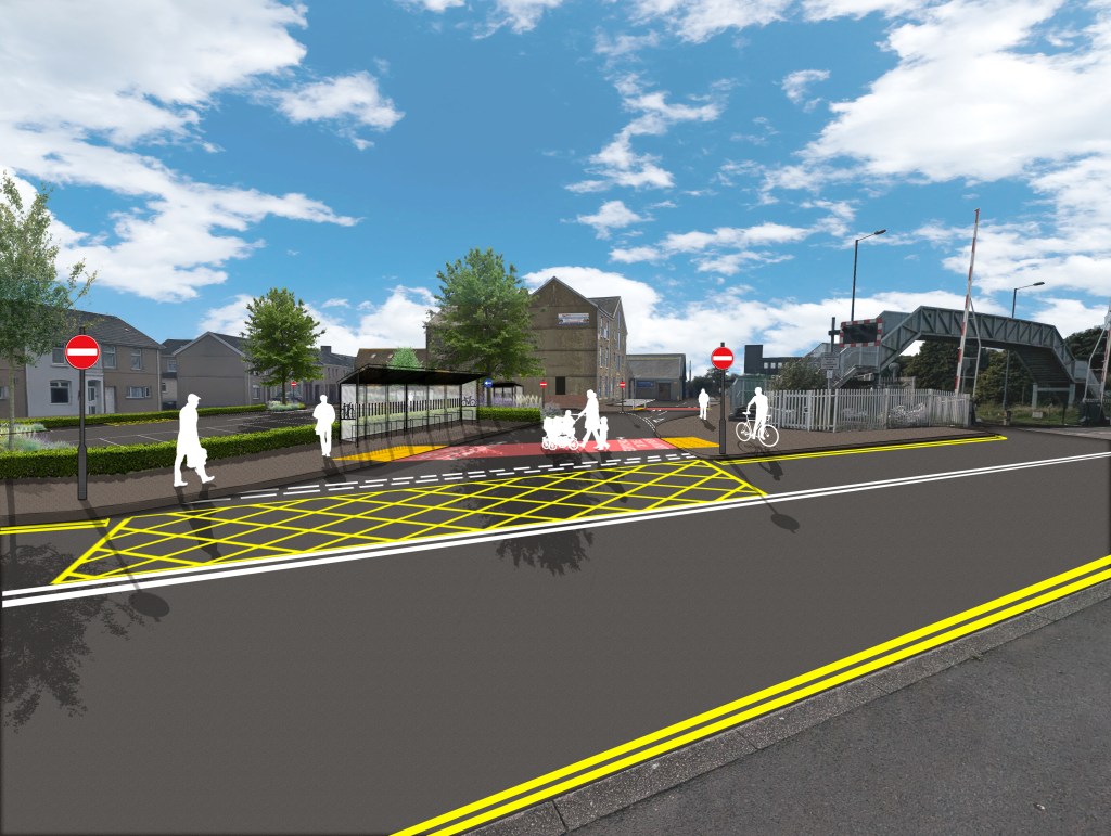 Swept path analysis plan of Llanelli transport hub showing how buses and cars circulate through the site, with new footways, crossings and cycle access points.