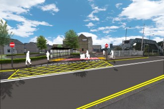 Swept path analysis plan of Llanelli transport hub showing how buses and cars circulate through the site, with new footways, crossings and cycle access points.